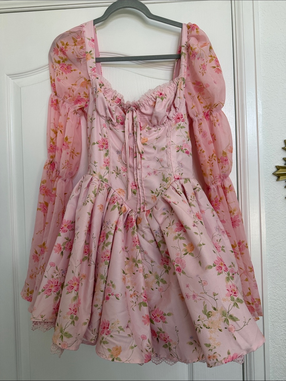 Women/junior Pink Floral Puff Sleeve Party Dress